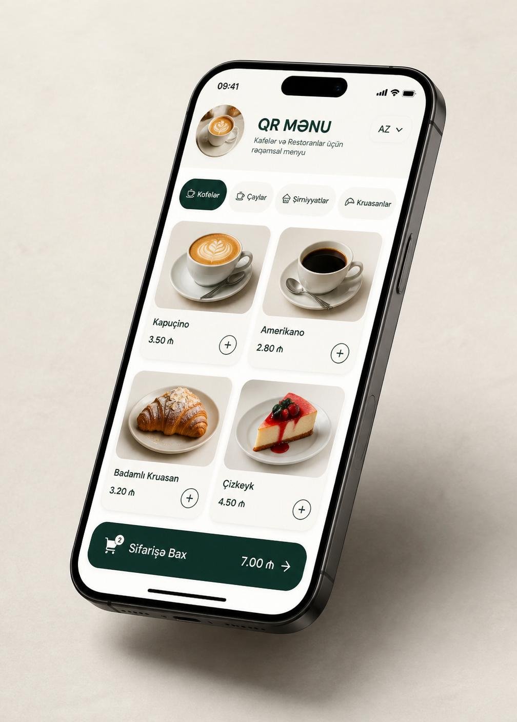 Qonağın telefonunda QR menyu — kofelər, çaylar, şirniyyatlar və 'Sifarişə Bax' səbət düyməsi